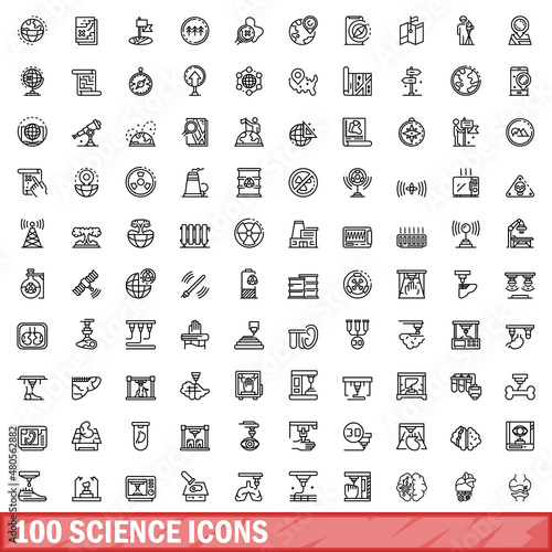 100 science icons set, outline style