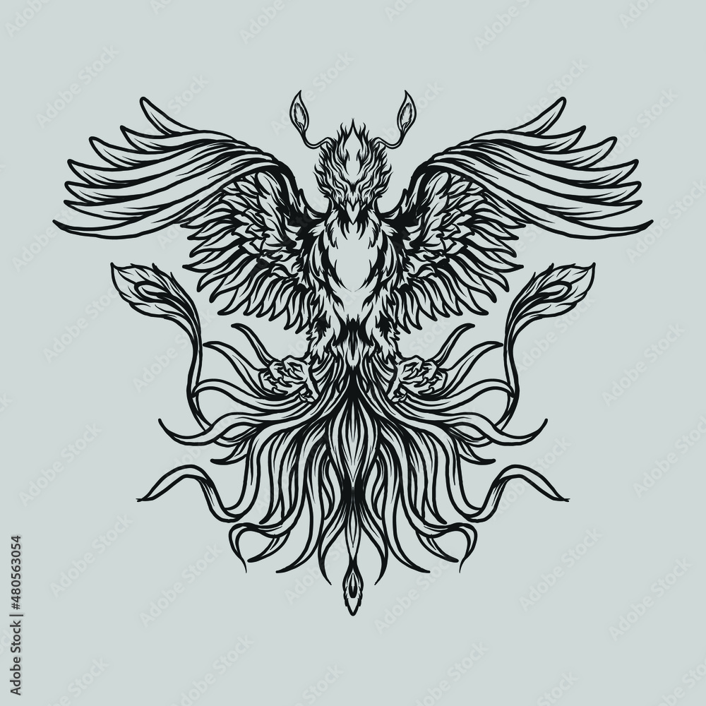 Fototapeta premium tattoo and t shirt design black and white hand drawn phoenix