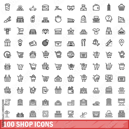 100 shop icons set, outline style