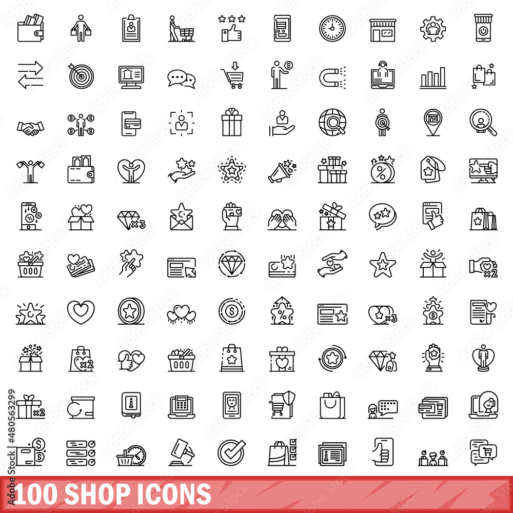 100 shop icons set, outline style