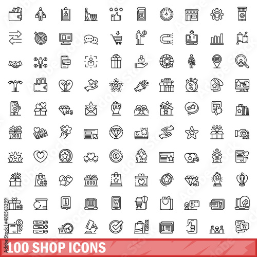 100 shop icons set, outline style