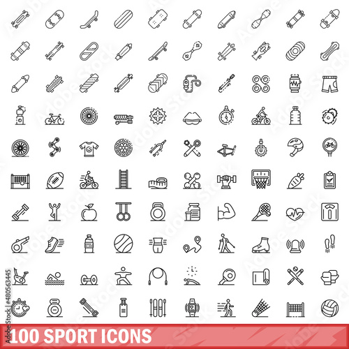 100 sport icons set, outline style