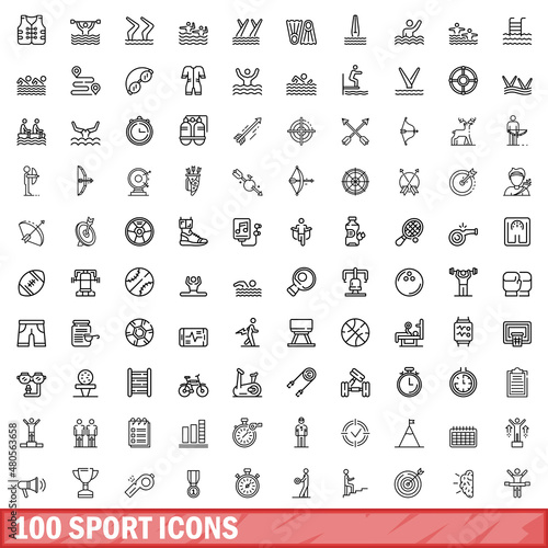 100 sport icons set, outline style