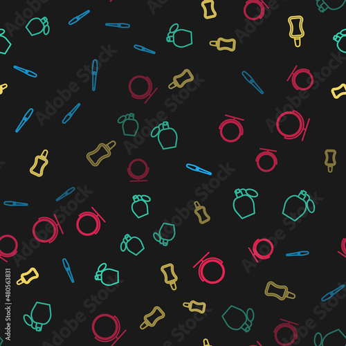 Set line Nail file, Perfume, polish bottle and Round makeup mirror on seamless pattern. Vector
