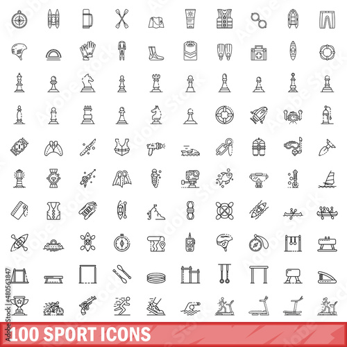 100 sport icons set, outline style