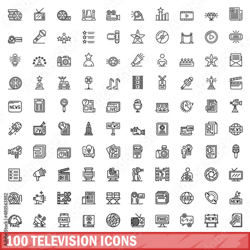 100 television icons set, outline style