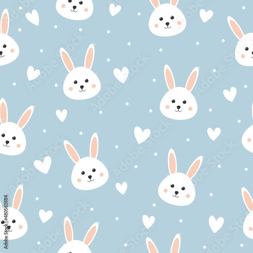 Seamless pattern with cute bunny and hearts. Lovely rabbit on blue background. Background for baby shower  wall art  fabric  textile and invitation
