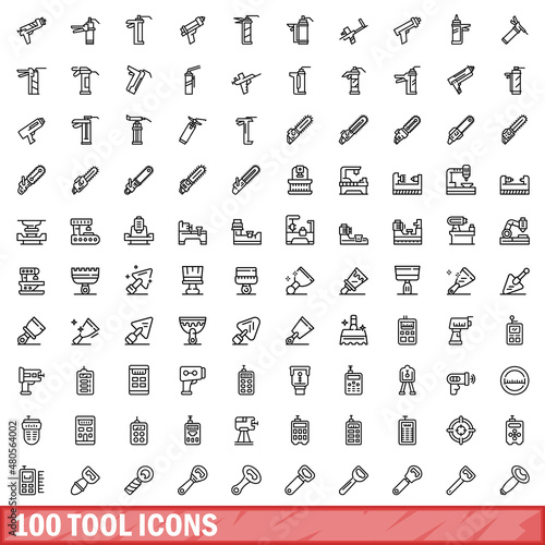 100 tool icons set, outline style