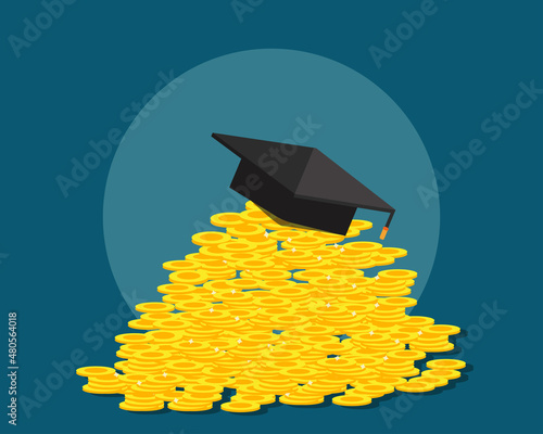 Many golden coins with graduation cap at the top. Cartoon vector style for your design.