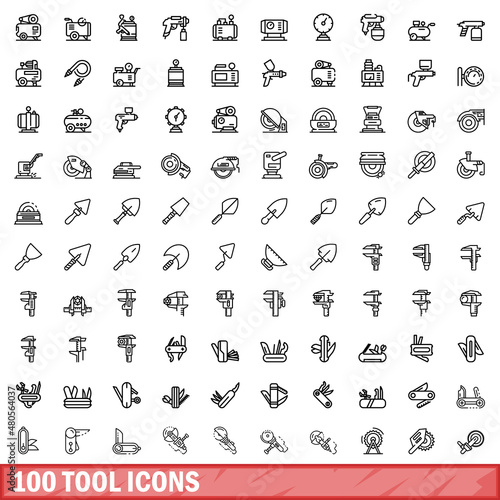 100 tool icons set, outline style