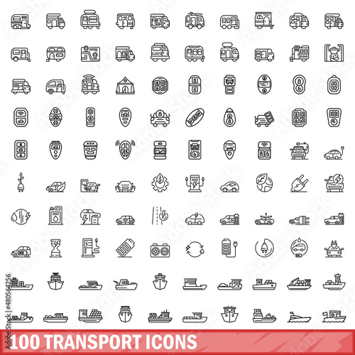 100 transport icons set, outline style