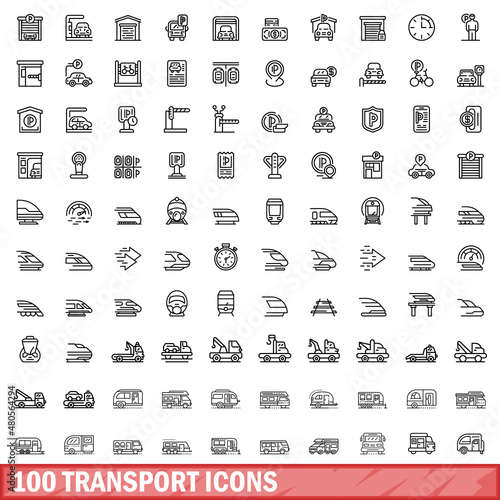 100 transport icons set, outline style