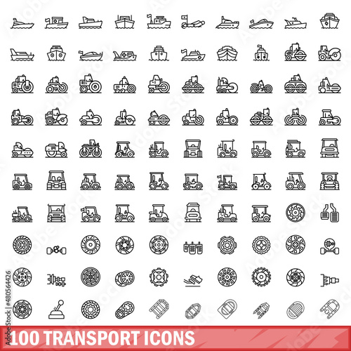 100 transport icons set, outline style
