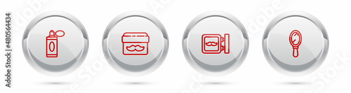 Set line Aftershave bottle with atomizer, Cream or lotion cosmetic jar, Barbershop and Hand mirror. Silver circle button. Vector