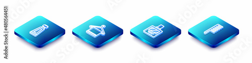 Set Isometric line Cream or lotion cosmetic tube, Towel hanger, Aftershave and Hairbrush icon. Vector
