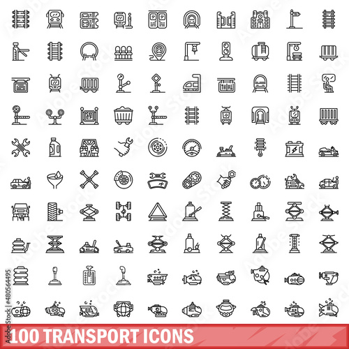 100 transport icons set, outline style