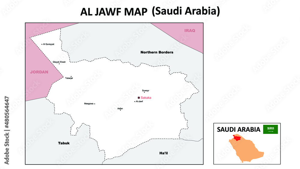Al Jawf map. Political map of Al Jawf. Al Jawf Map of Saudi Arabia with white color.