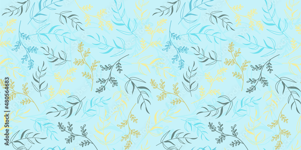 seamless botanical spring floral pattern with sprigs in trendy colors. Fantasy Botanical elements twigs and flowers. Vector illustration seamless botanical spring floral pattern with sprigs in trendy colors. Fantasy Botanical elements twigs and flowers. Vector illustration