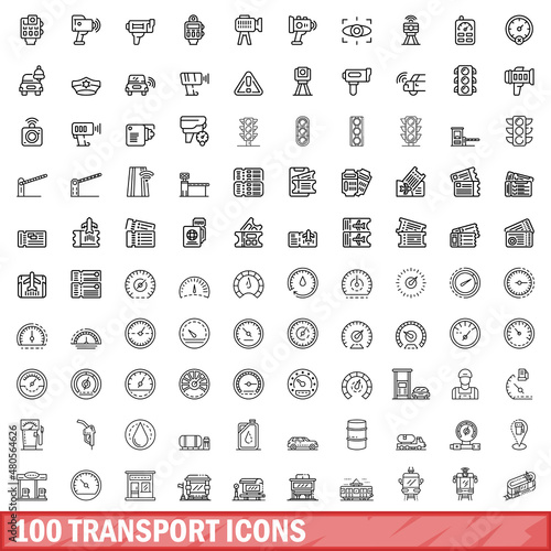 100 transport icons set, outline style