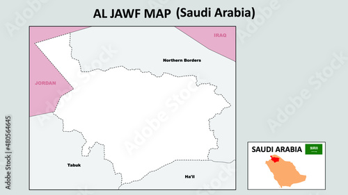 Al Jawf Map. Political map of Al Jawf. Al Jawf Map of Saudi Arabia with neighboring countries and borders.