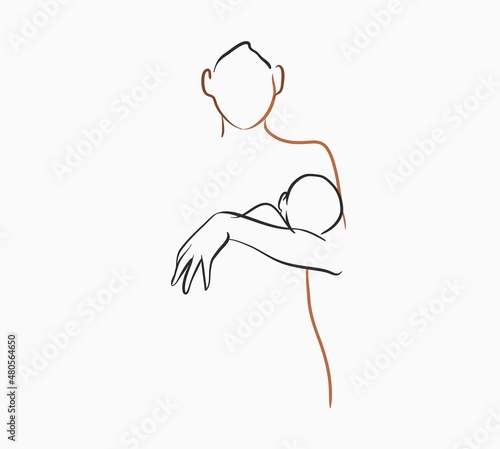 Hand drawn vector abstract stock flat graphic contemporary line art,aesthetic fashion illustration with bohemian,beautiful modern female with a baby in her arms in simple trendy style,for branding.