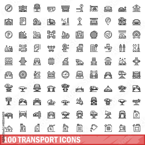 100 transport icons set, outline style