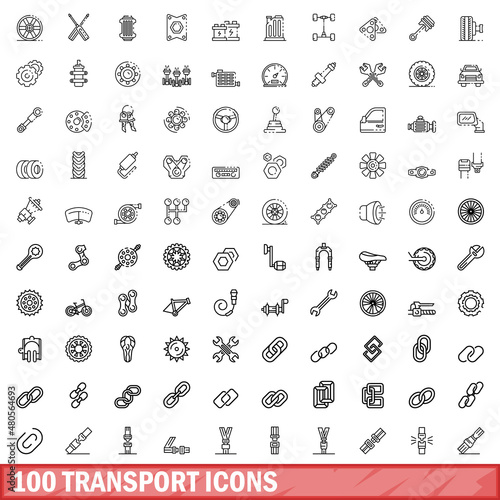 100 transport icons set, outline style