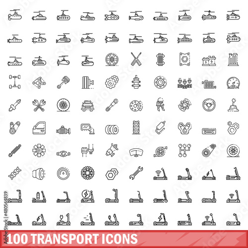 100 transport icons set, outline style