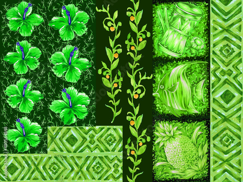 Abstract creative seamless repeat pattern with tropical plants and artistic e...