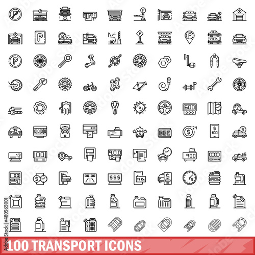 100 transport icons set, outline style