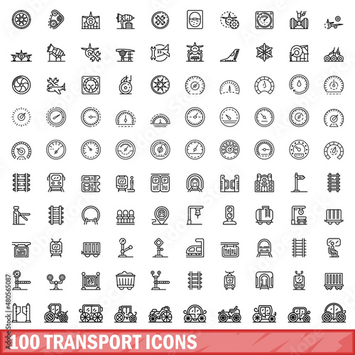 100 transport icons set, outline style