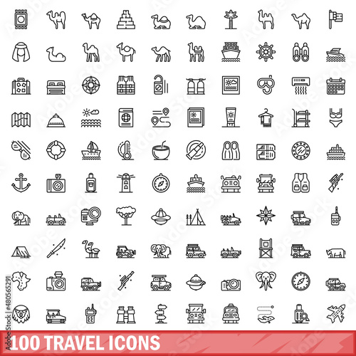 100 travel icons set, outline style