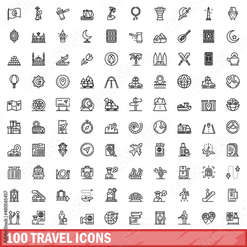 100 travel icons set, outline style