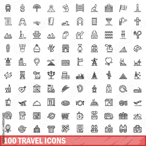100 travel icons set, outline style