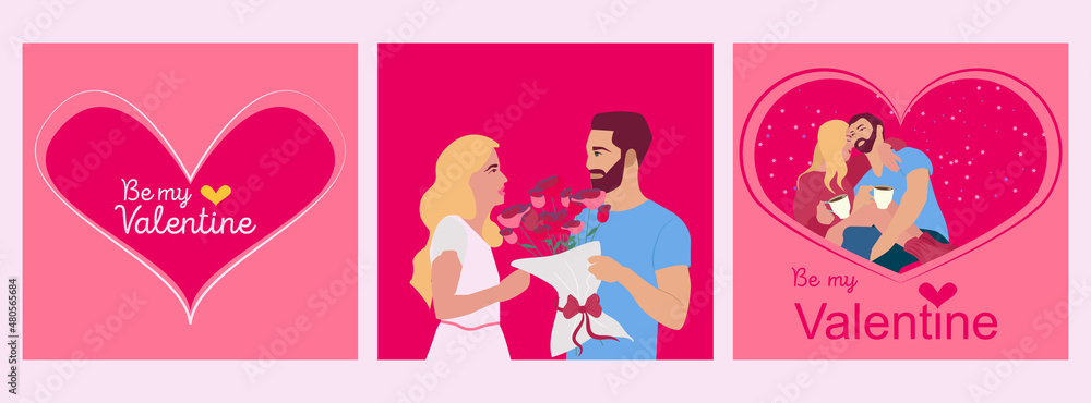 Set of cards for Happy Valentine's Day with young couples in love. Relationship, Be my Valentine, Valentine's day, Romantic concept. Editable vector illustration Set of cards for Happy Valentine's Day with young couples in love. Relationship, Be my Valentine, Valentine's day, Romantic concept. Editable vector illustration