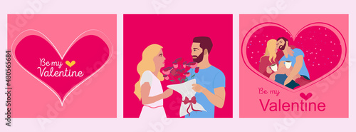 Set of cards for Happy Valentine's Day with young couples in love. Relationship, Be my Valentine, Valentine's day, Romantic concept. Editable vector illustration