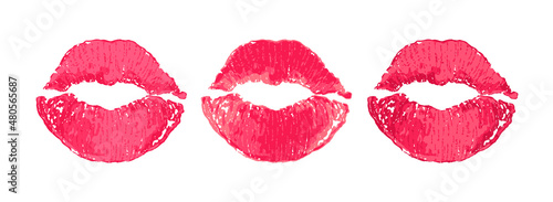 Isolated Beautiful Lipstick Kiss Mark. Imprint Sweet Pink kiss. Sexy Drawn Female Lips. Glamour Fashion style. Smooch. Illustration for Valentine day, love and romance design. White background. Vector