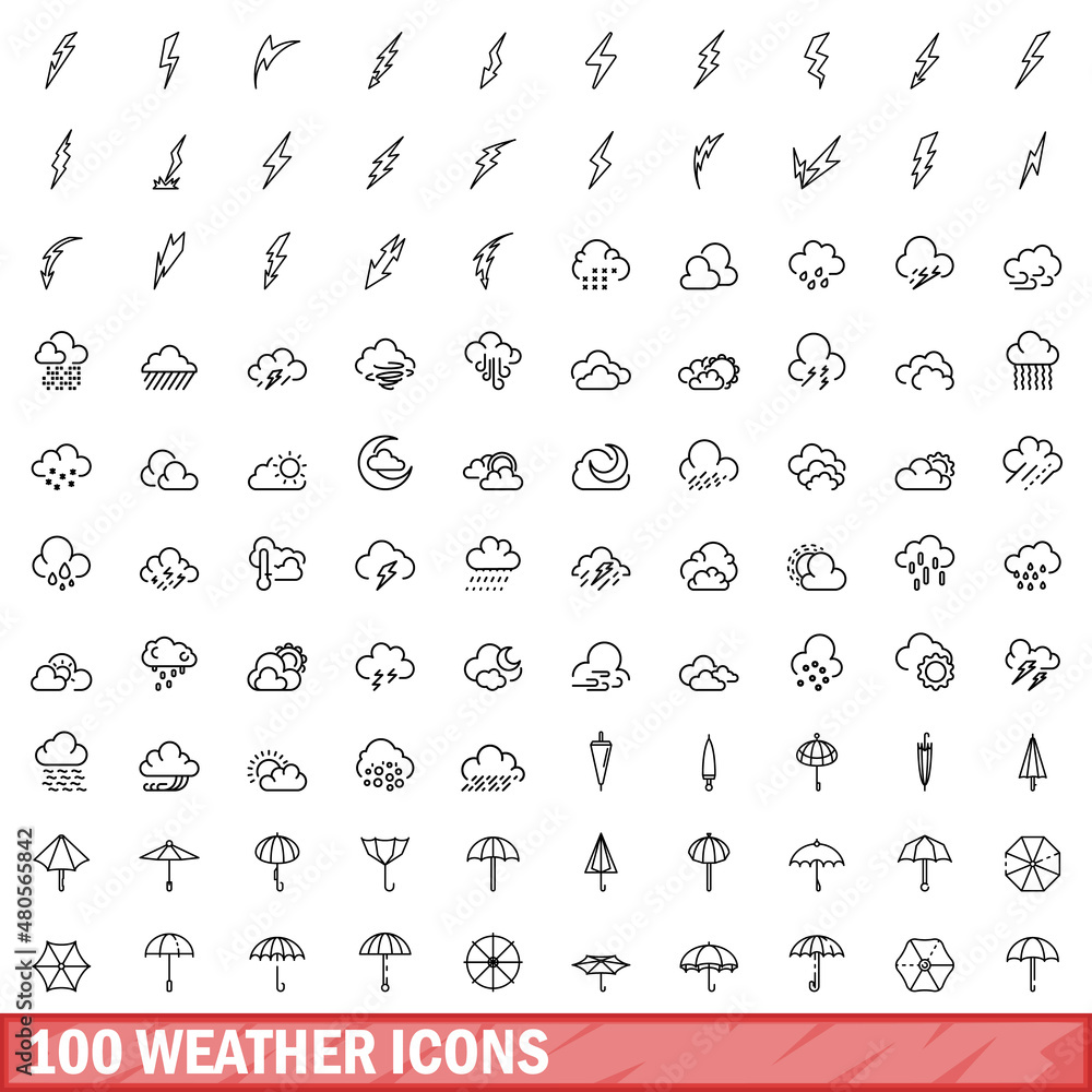 Naklejka premium 100 weather icons set, outline style