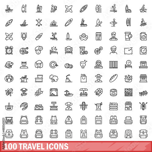 100 travel icons set, outline style