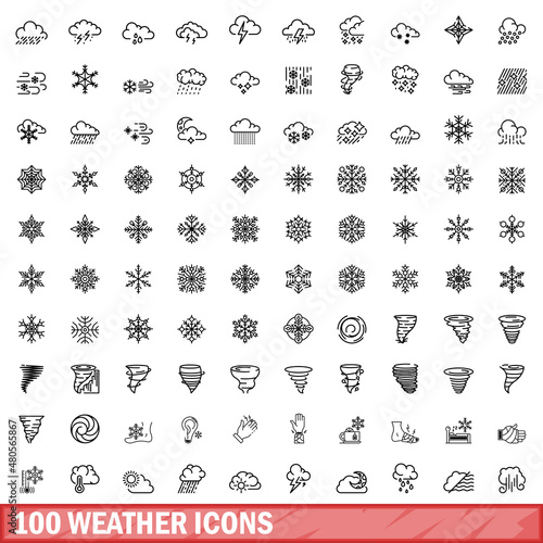 100 weather icons set, outline style