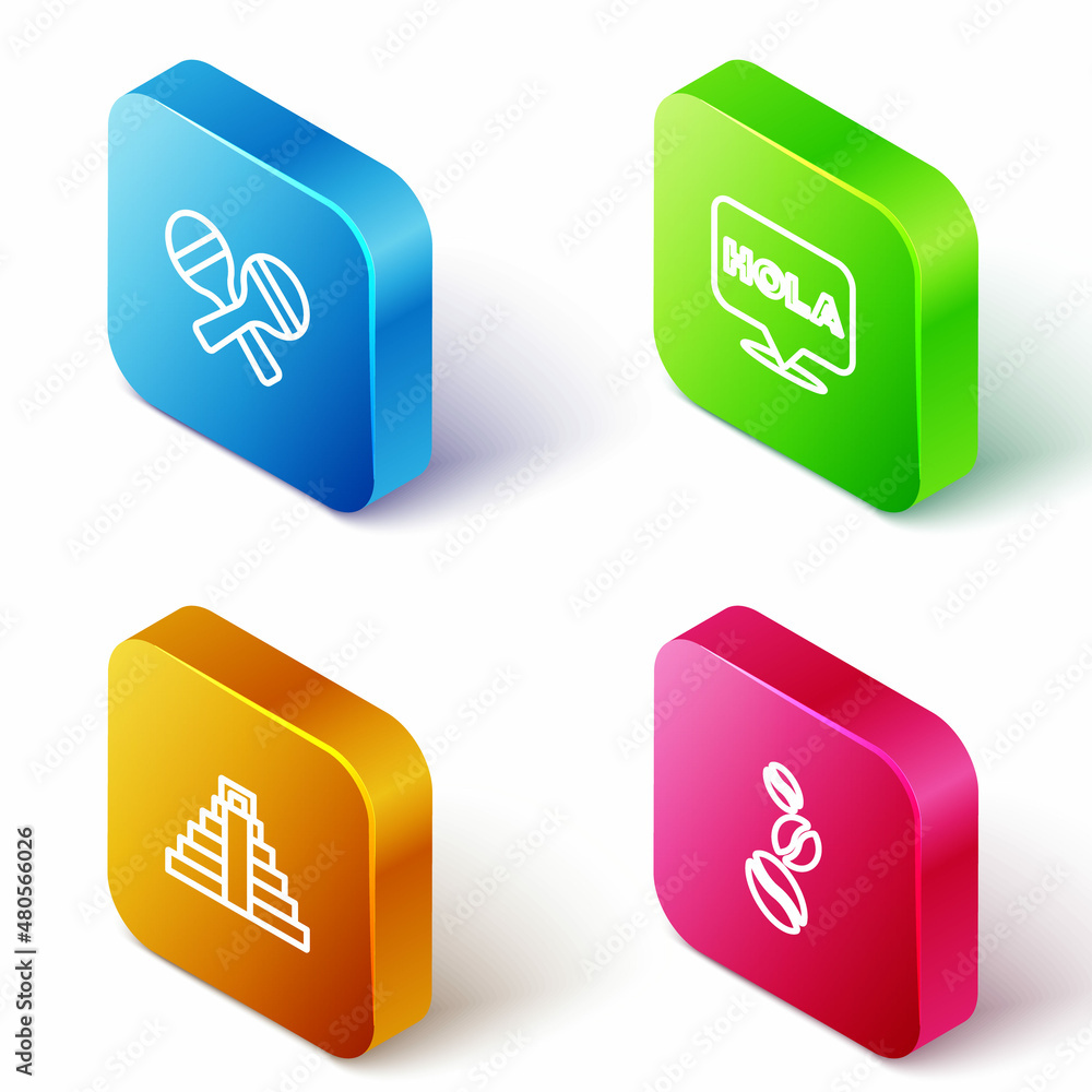 Set Isometric line Maracas, Hola, Chichen Itza in Mayan and Coffee beans icon. Vector Set Isometric line Maracas, Hola, Chichen Itza in Mayan and Coffee beans icon. Vector