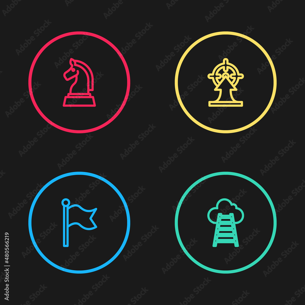 Set line Flag, Stair with finish flag, Target and Chess icon. Vector Set line Flag, Stair with finish flag, Target and Chess icon. Vector