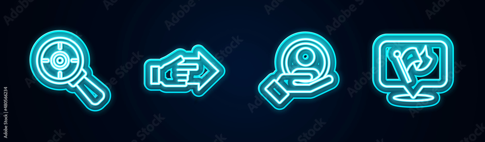 Set line Target with magnifying glass, Hand pointing finger, for search people and Flag. Glowing neon icon. Vector Set line Target with magnifying glass, Hand pointing finger, for search people and Flag. Glowing neon icon. Vector