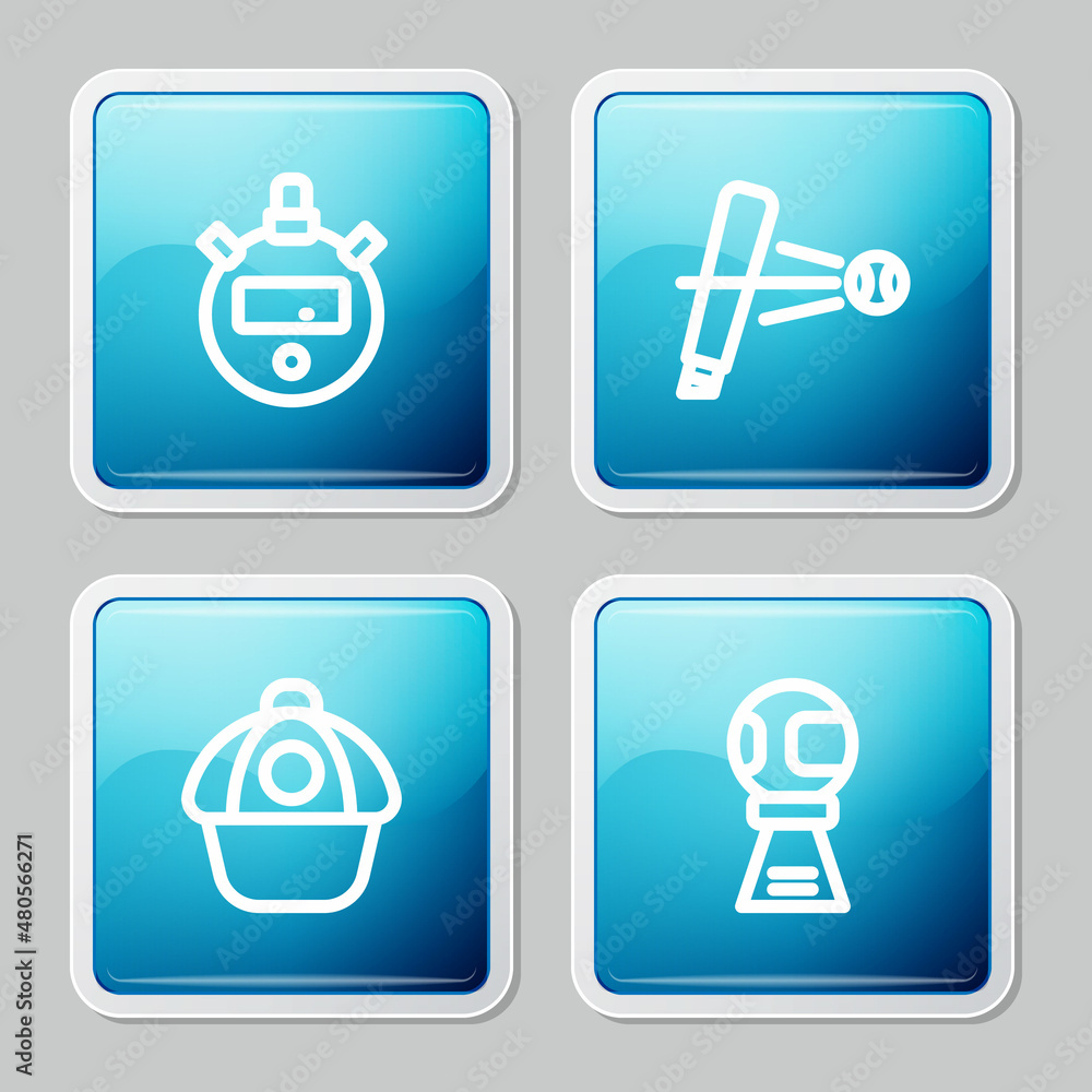 Set line Stopwatch, Baseball bat with ball, cap and Award cup baseball icon. Vector Set line Stopwatch, Baseball bat with ball, cap and Award cup baseball icon. Vector