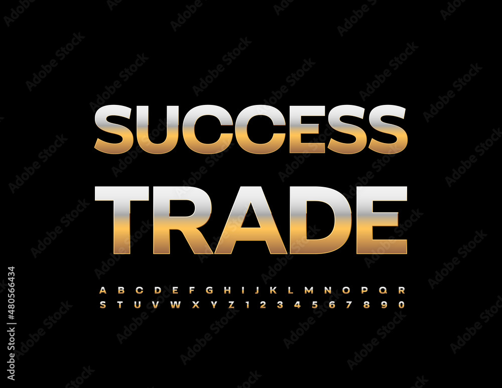 Vector golden Logo Success Trade. Trendy Stylish Font. Metallic Alphabet Letters and Numbers.