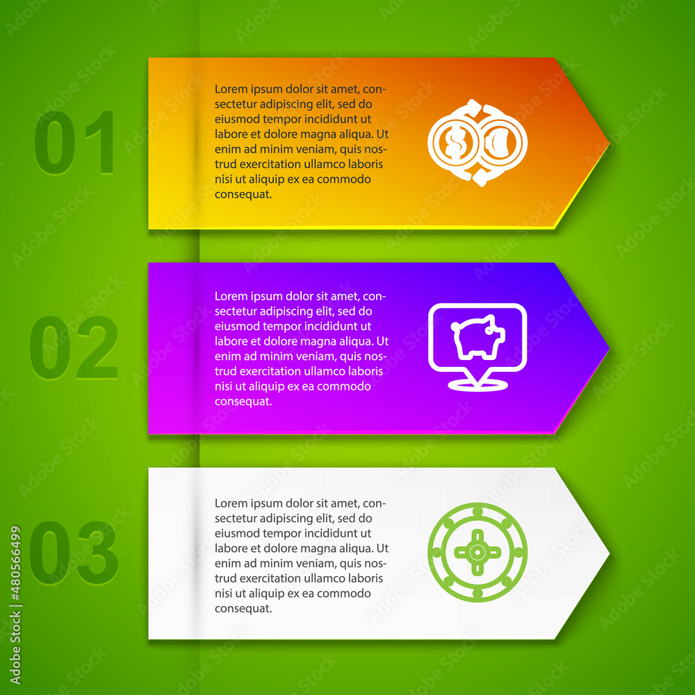 Set line Money exchange, Piggy bank and Safe. Business infographic template. Vector Set line Money exchange, Piggy bank and Safe. Business infographic template. Vector