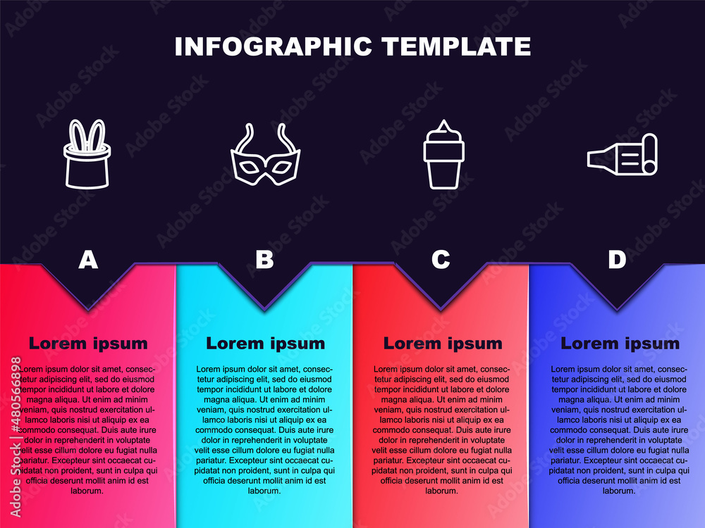 Set line Magician hat and rabbit ears, Festive mask, Ice cream in waffle cone and Birthday party horn. Business infographic template. Vector Set line Magician hat and rabbit ears, Festive mask, Ice cream in waffle cone and Birthday party horn. Business infographic template. Vector