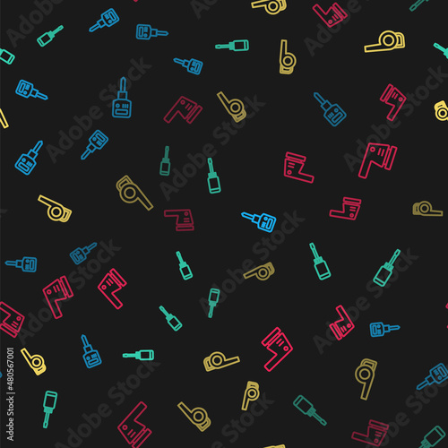 Set line Construction jackhammer, Screwdriver, Leaf garden blower and Electric sander on seamless pattern. Vector