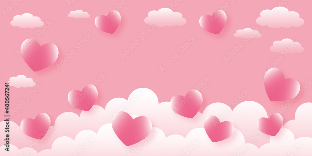 Pink hearts with clouds on pastel pink background. Concept for Wedding, Valentine’s day, Women’s, Mothers, Fathers, poster, card, love. space for the text. paper cut design style.
