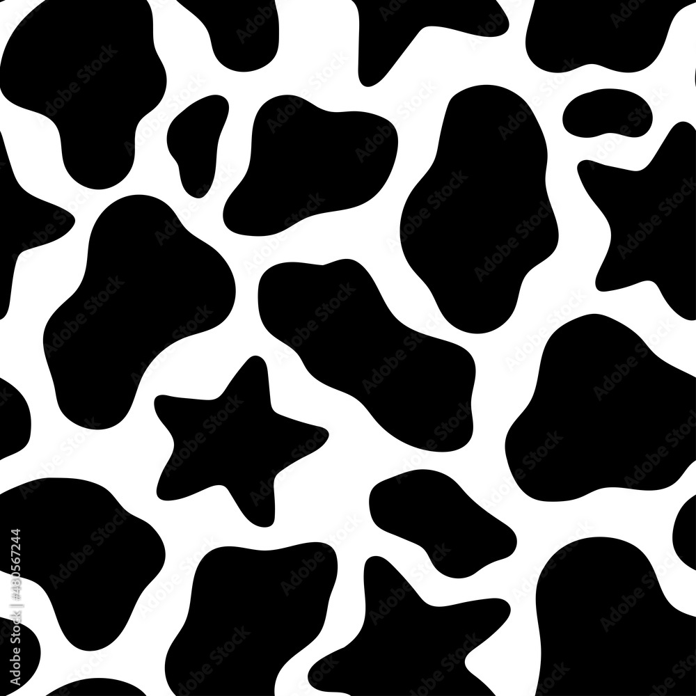 Seamless pattern with cow spots and stars. Cow skin. Seamless pattern black and white. Vector illustration. For textiles, Wallpaper, wrapping paper, bed linen. Seamless pattern with cow spots and stars. Cow skin. Seamless pattern black and white. Vector illustration. For textiles, Wallpaper, wrapping paper, bed linen.
